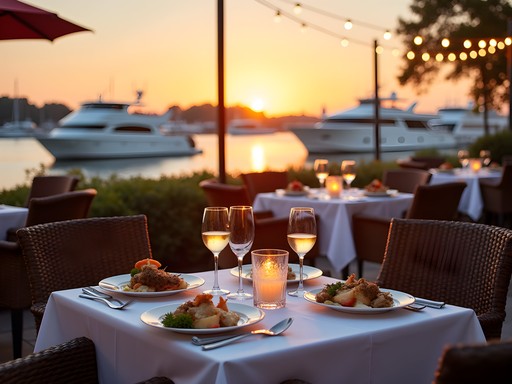 Waterfront restaurant patio in Norfolk at sunset with harbor views and seafood plates