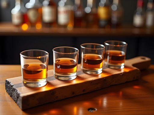 Bourbon flight on reclaimed wood board at Flyway Brewing in North Little Rock