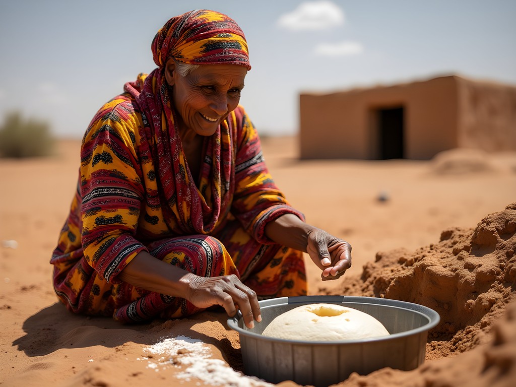 Traditional bread making using a tabouna oven partially buried in sand in Mauritania