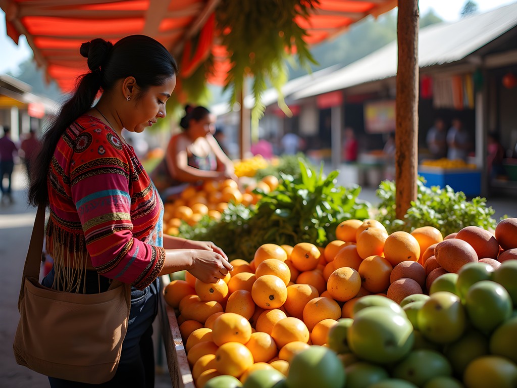 Vibrant display of tropical fruits, vegetables and herbs at Palenque local market