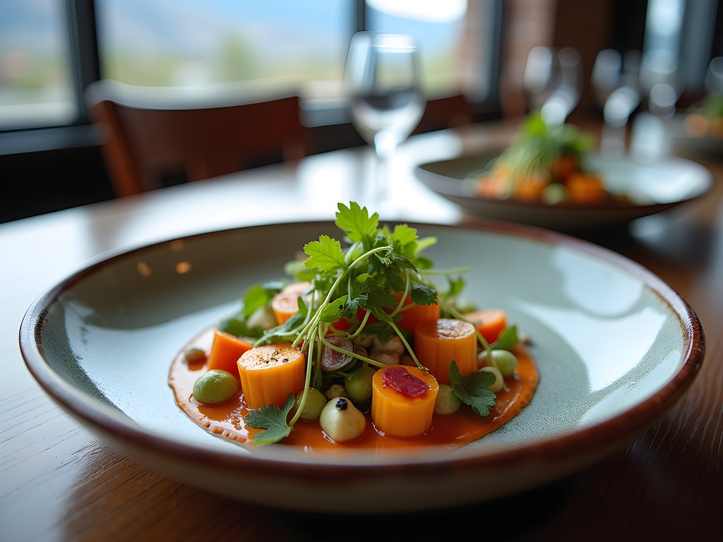 Artfully plated farm-to-table dish with locally sourced vegetables and herbs in Ogden restaurant