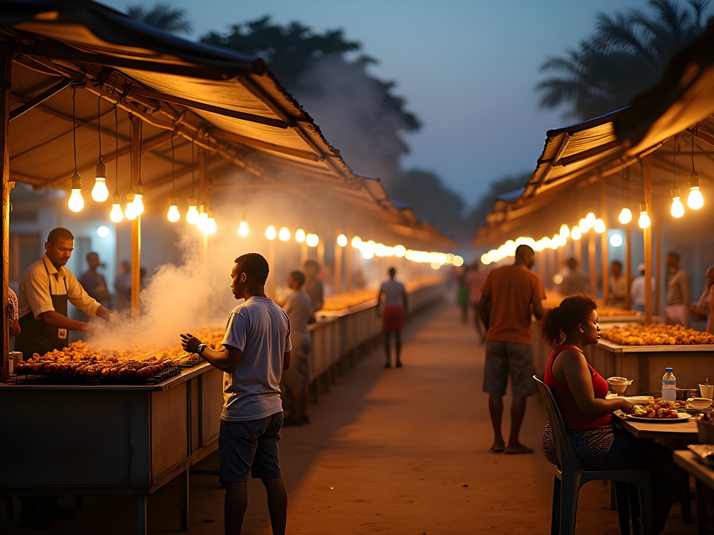 Evening street food scene on Avenue Kwame Nkrumah in Ouagadougou