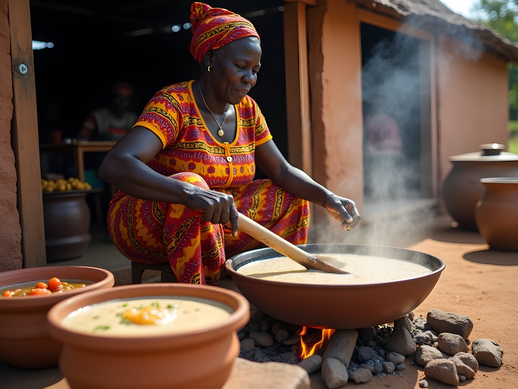 Traditional preparation of tô porridge at a local maquis in Ouagadougou