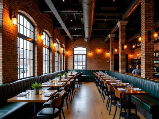 Interior of a Pittsburgh restaurant in a converted historic building with industrial details and warm lighting