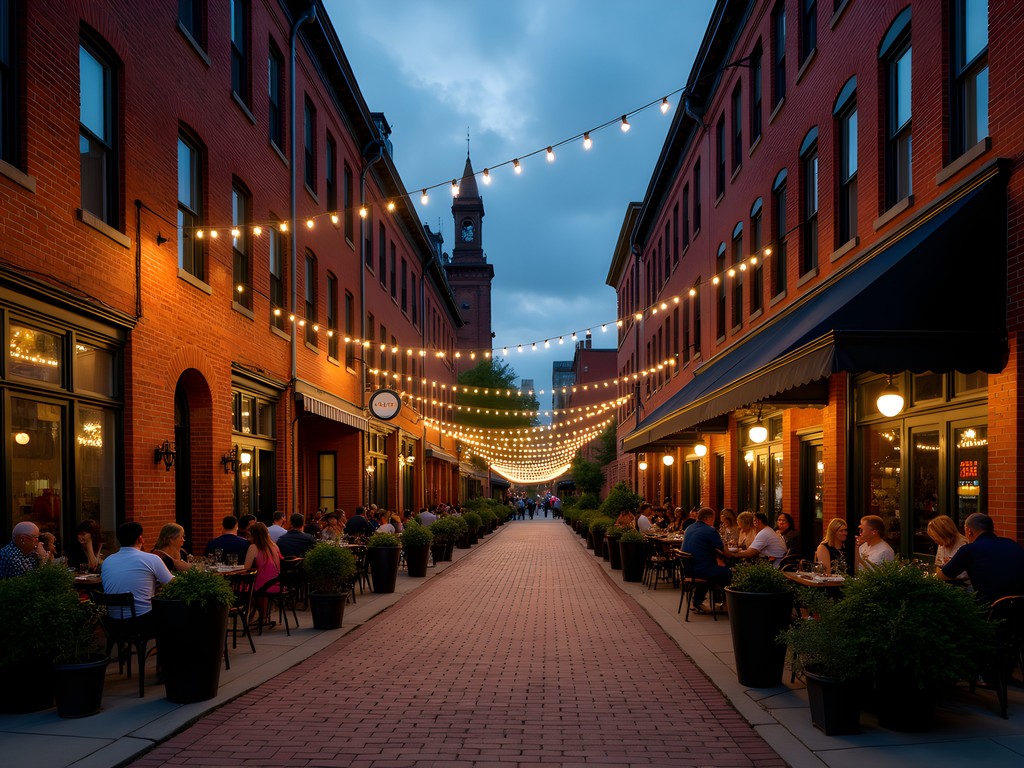 Evening scene on Butler Street in Lawrenceville with restored storefronts and restaurant patios