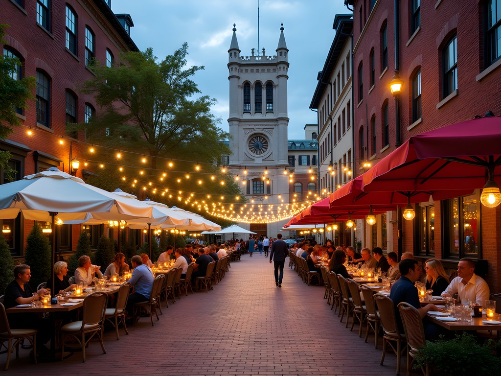 Evening scene of Market Square in downtown Pittsburgh with outdoor dining and historic buildings