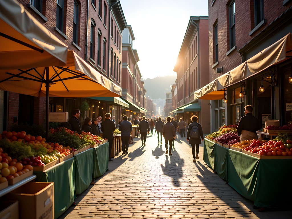 Early morning shoppers at Pittsburgh's Strip District with historic buildings and food stalls