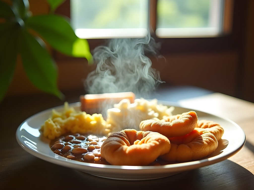 Freshly made Belizean fry jacks with refried beans and eggs in Placencia