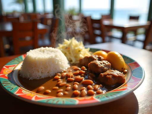 Traditional Belizean rice and beans with stewed chicken and plantains