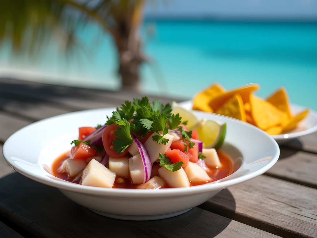 Fresh Belizean ceviche with lime and plantain chips in Placencia