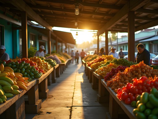 Colorful display of tropical produce at Mercado de Ponce with plantains and peppers