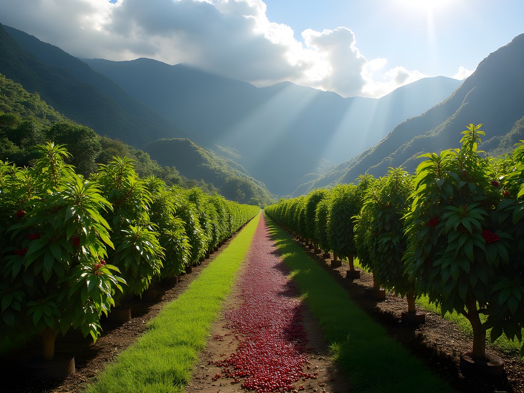 Coffee plantation in the mountains north of Ponce showing coffee plants, processing equipment and mountain views