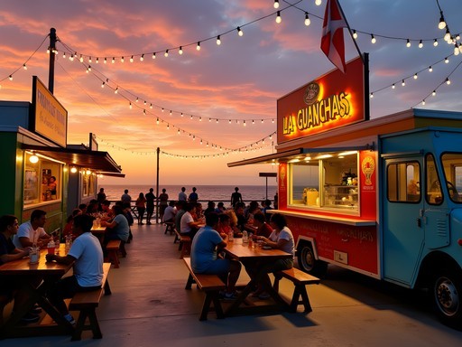 Colorful food trucks at La Guancha Boardwalk in Ponce during sunset with diners enjoying local cuisine
