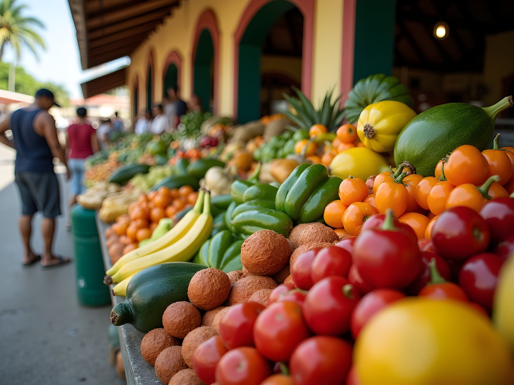 Vibrant tropical produce display at Mercado de Abastos in Ponce showing colorful fruits and vegetables