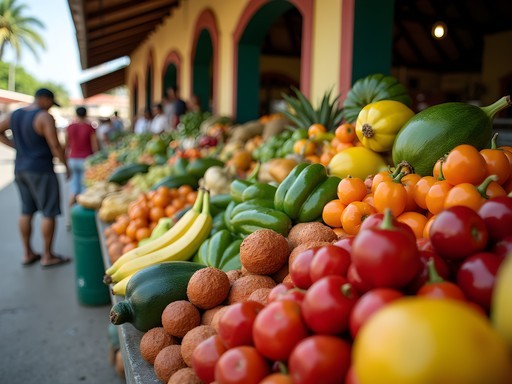 Vibrant tropical produce display at Mercado de Abastos in Ponce showing colorful fruits and vegetables