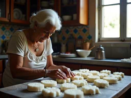 Elderly Puerto Rican woman making traditional dulce de coco (coconut candy) in her home kitchen in Ponce