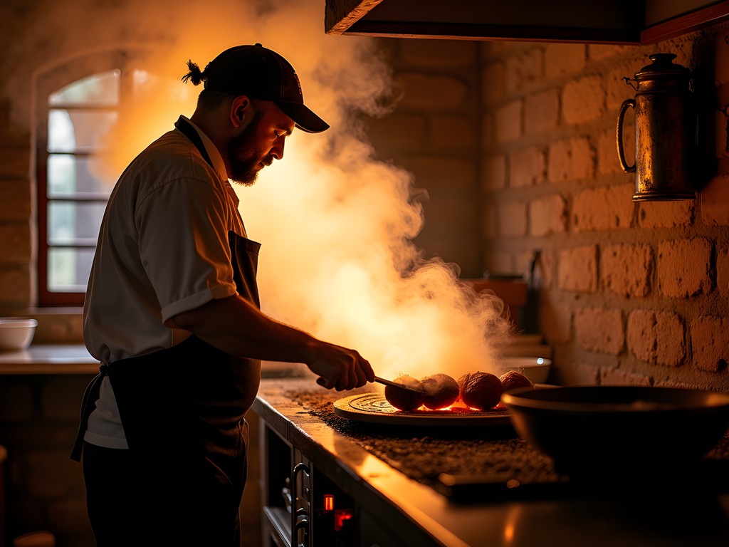 Chef preparing traditional Puerto Rican cuisine over open flame in a restaurant kitchen in Ponce