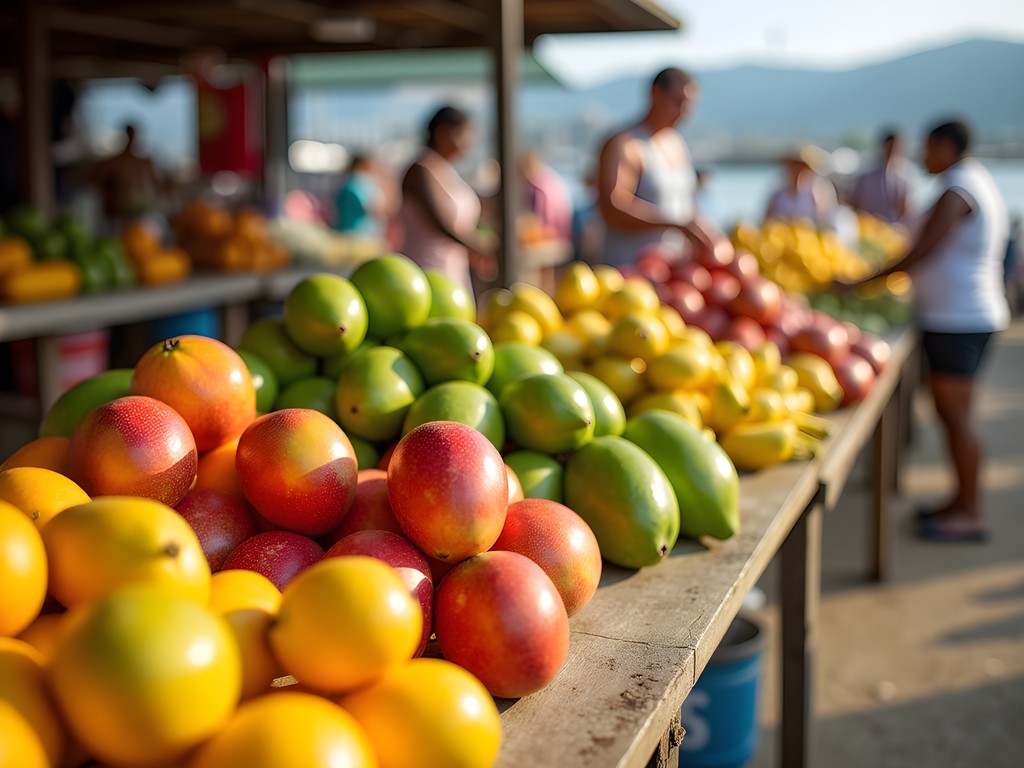 Colorful display of tropical fruits at Port Vila harbor market