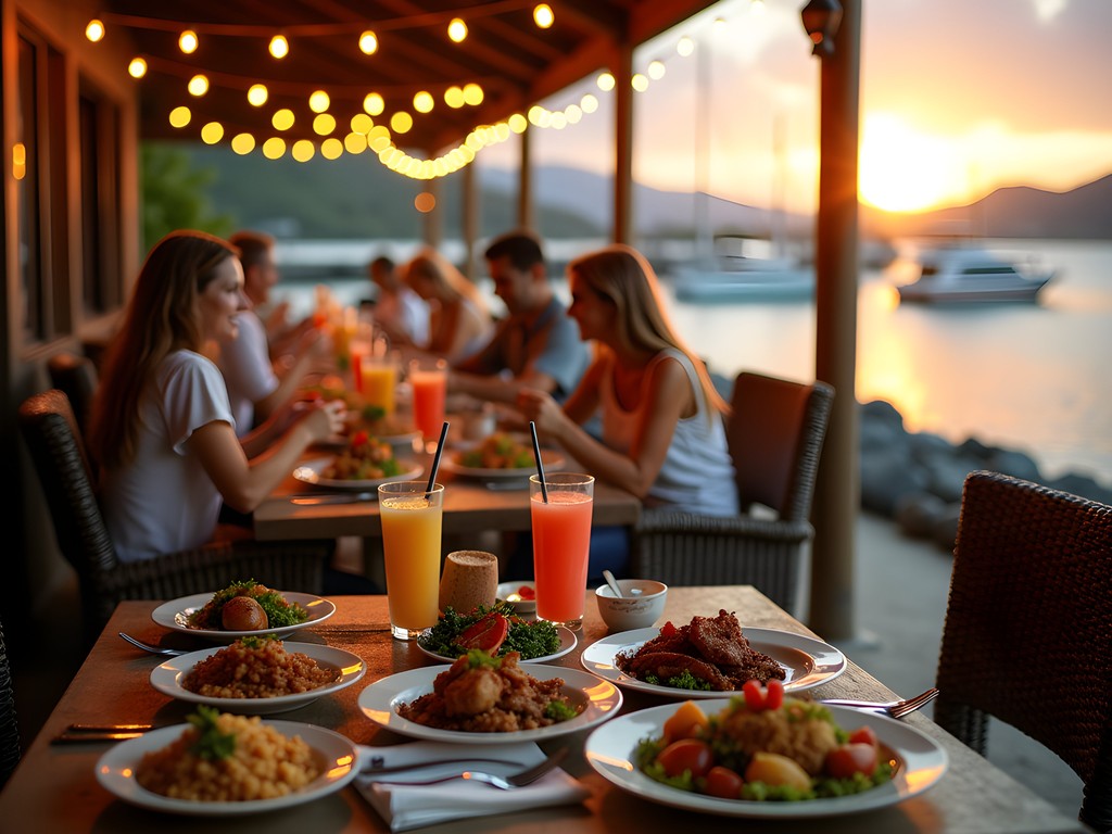 Family enjoying dinner at waterfront restaurant in Port Vila