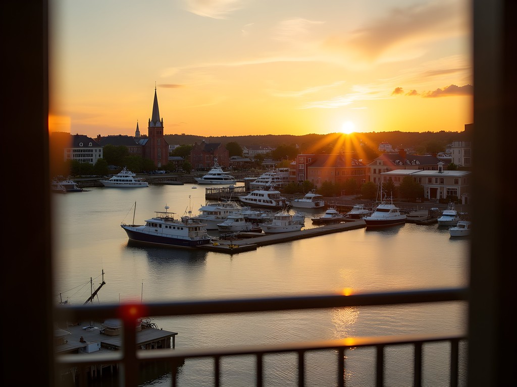 Sunset view of Portland Harbor from hotel room balcony