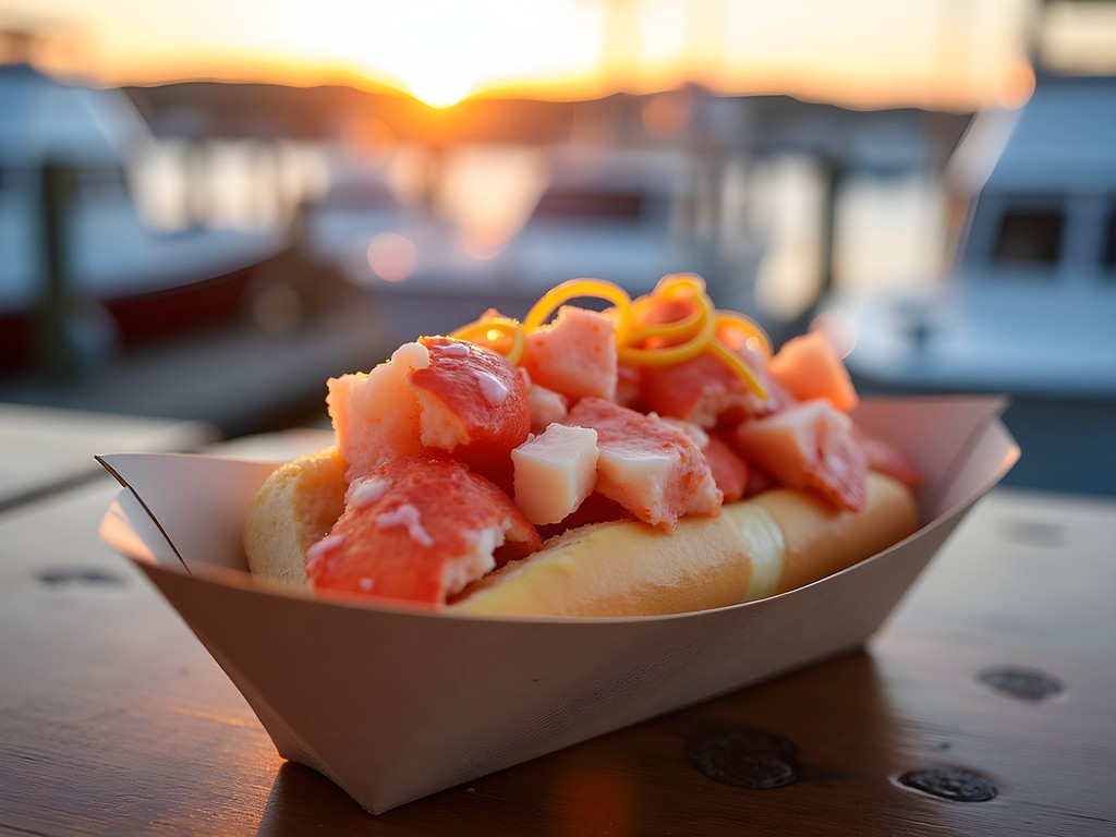 Classic Maine lobster roll with harbor view at sunset in Portland