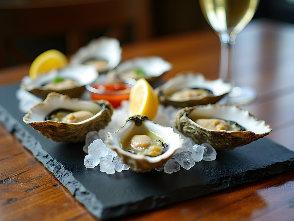 Fresh Maine oysters on ice with lemon and mignonette sauce
