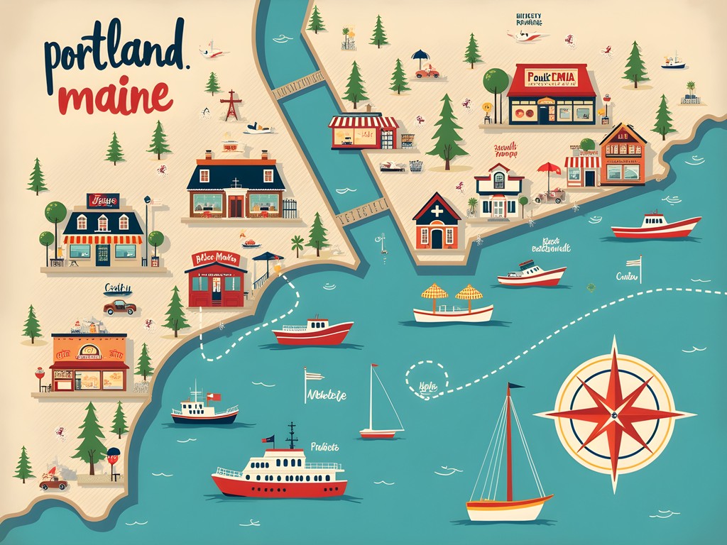 Illustrated map of Portland Maine's best seafood restaurants and markets
