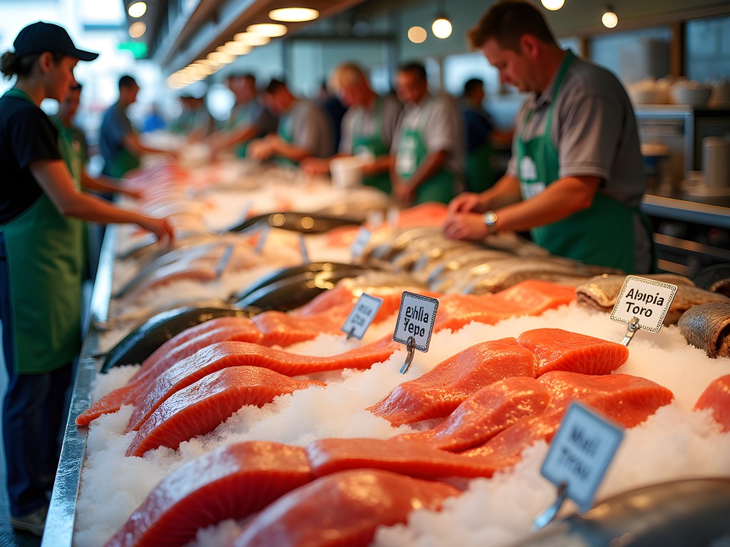 Colorful display of fresh fish and seafood at Portland's Harbor Fish Market