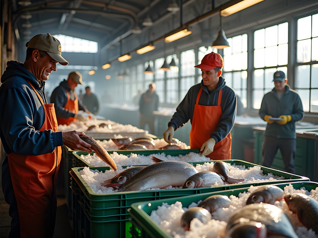 Fresh seafood auction at Portland Fish Exchange with fishermen and buyers