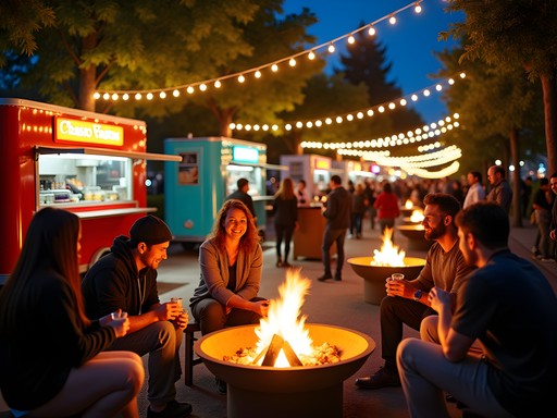 Nighttime scene at Cartopia food cart pod with fire pits and string lights