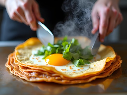 Close-up of a freshly made jianbing Chinese crepe from a downtown Portland food cart