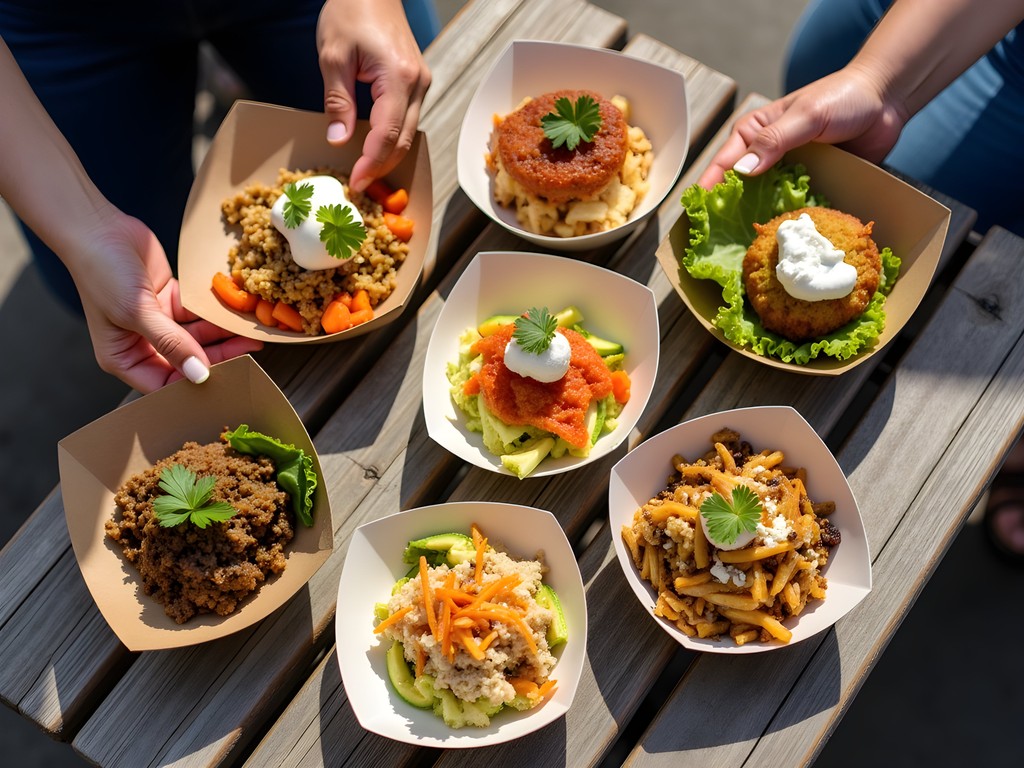 Various small dishes from different Portland food carts arranged on a table