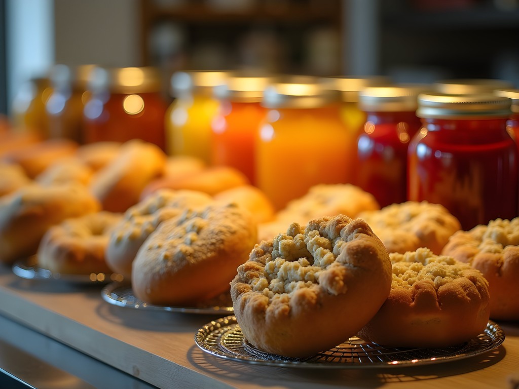 Display of European-influenced pastries and chimia (fruit preserves) in a Porto Alegre bakery