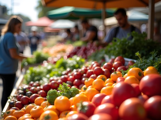 Colorful organic produce display at Feira Ecológica do Bom Fim farmers market in Porto Alegre