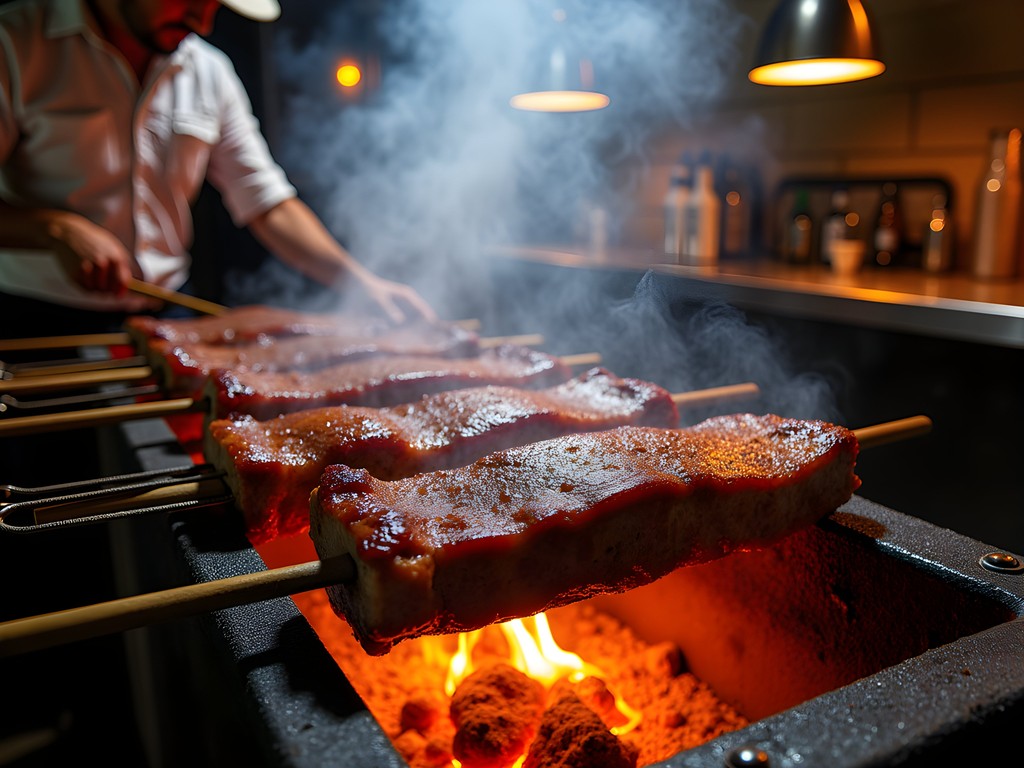 Traditional gaucho-style churrasco being prepared over open coals in Porto Alegre