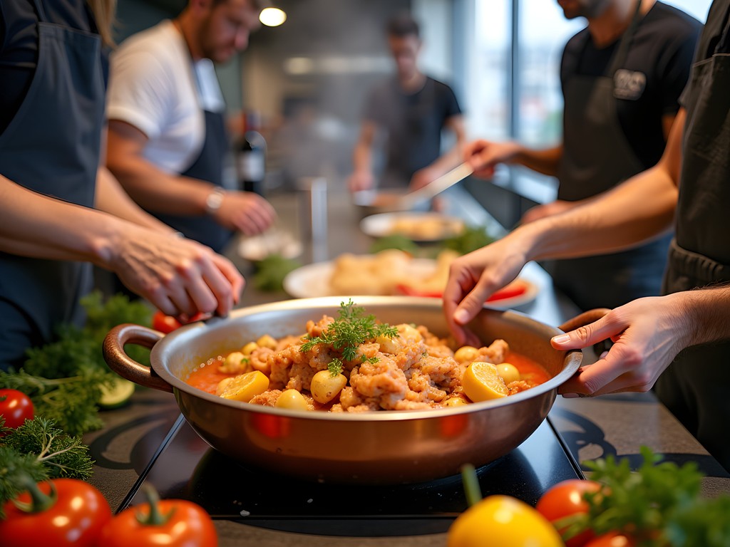 Portuguese cooking class preparing traditional cataplana seafood stew in Porto