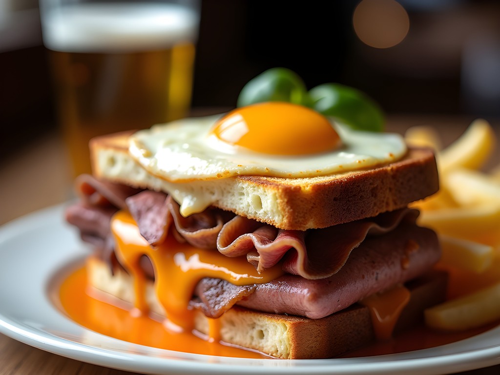Traditional Portuguese Francesinha sandwich with egg and sauce at Café Santiago in Porto