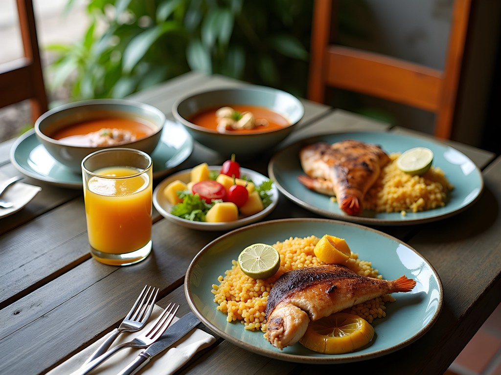 Traditional Ecuadorian almuerzo with seafood soup and fish main course