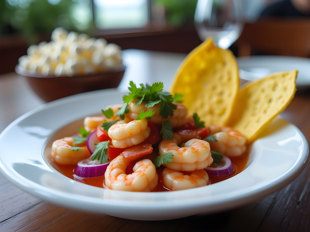 Traditional Ecuadorian shrimp ceviche with plantain chips