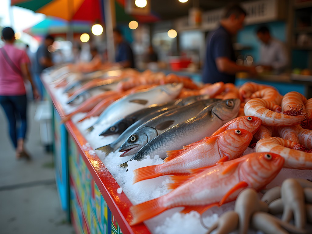 Colorful seafood display at Portoviejo's Mercado Municipal