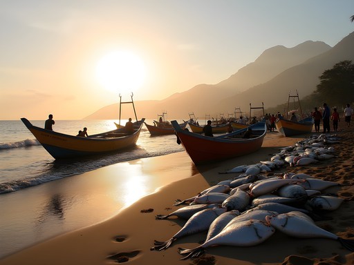 Colorful fishing boats returning to Puerto López at dawn