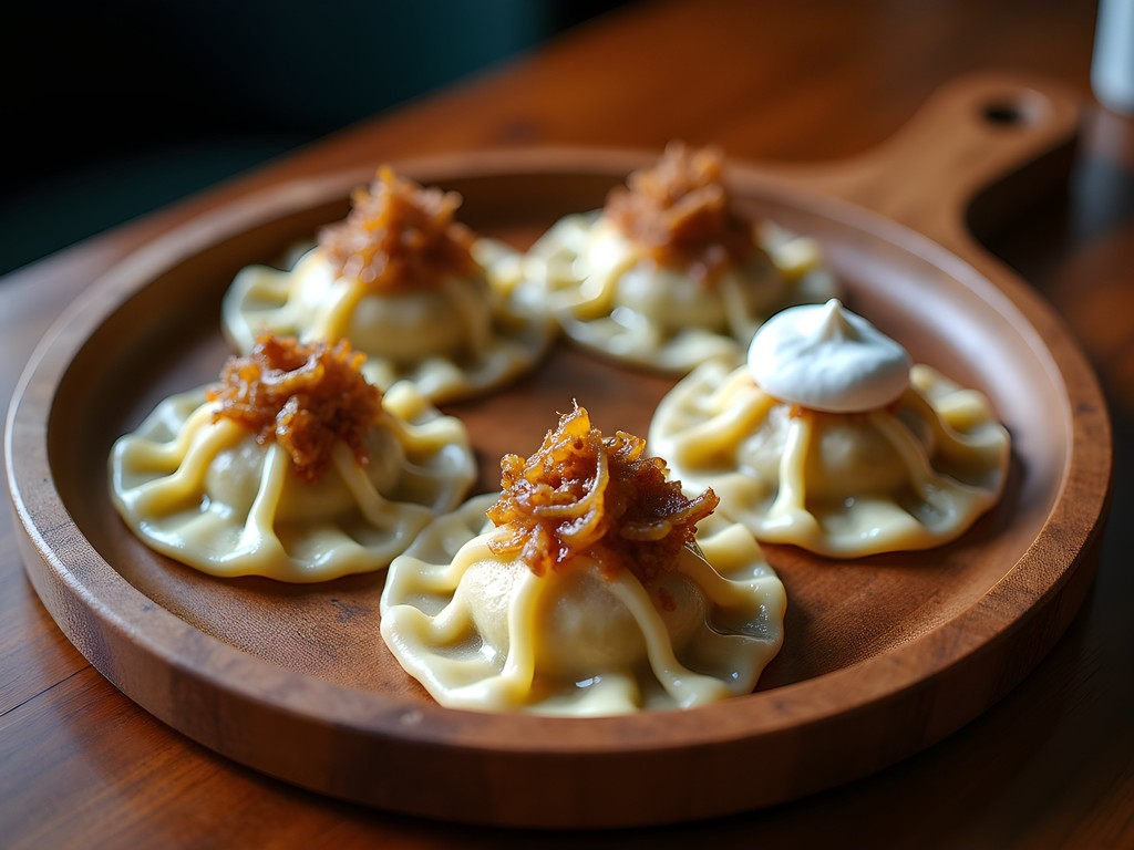 Assortment of traditional Polish pierogi varieties on wooden platter in Poznan restaurant