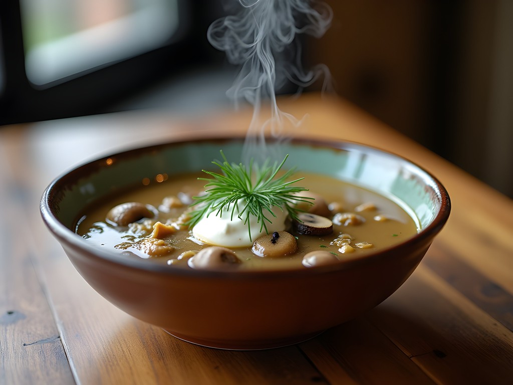 Traditional Polish wild mushroom soup served in Poznan restaurant