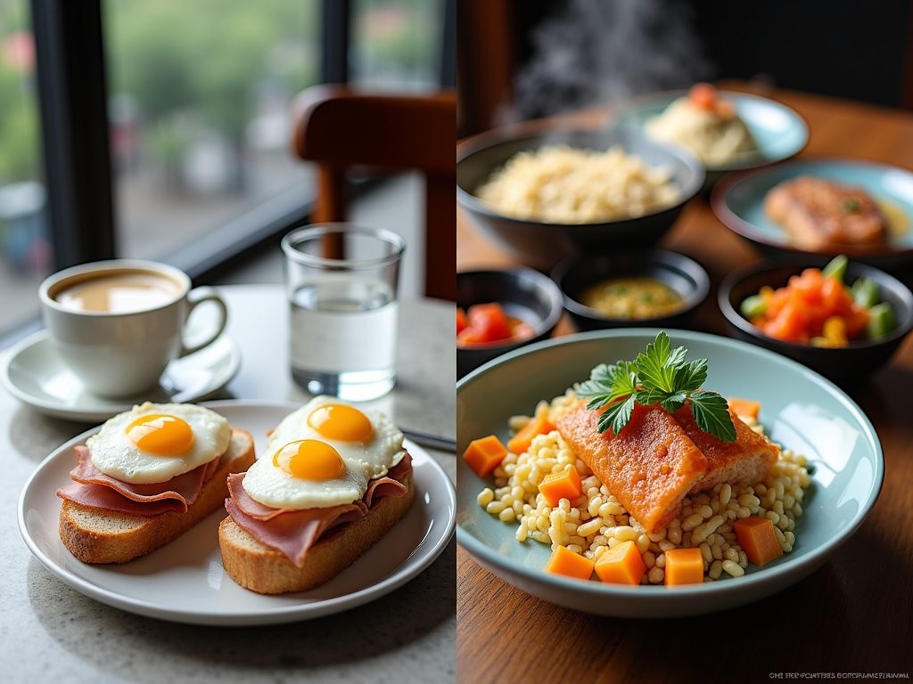 Comparison of traditional breakfast in Prague and Seoul showing contrasting morning food cultures