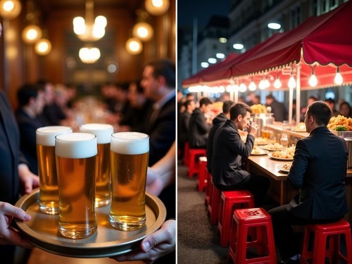 Comparison of Prague beer hall and Seoul pojangmacha street food tent
