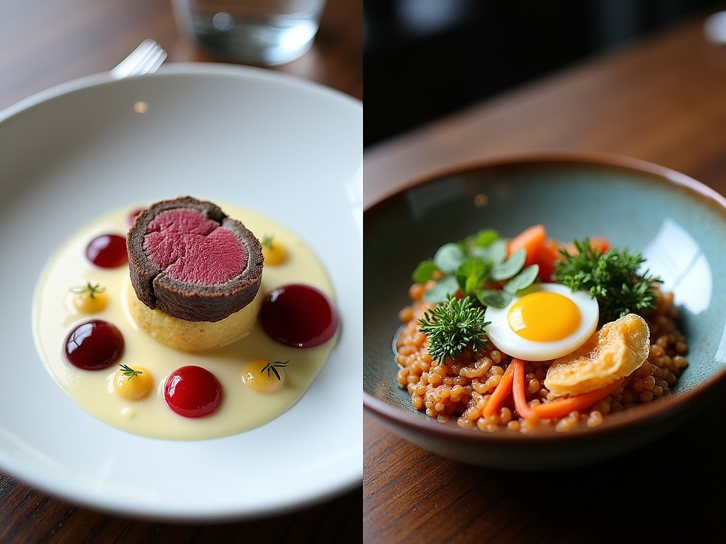 Side-by-side comparison of modern interpretations of traditional dishes in Prague and Seoul