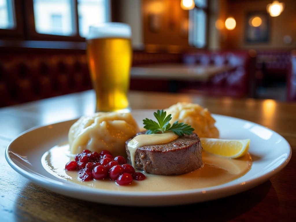 Traditional Czech meal of svíčková with dumplings and beer in historic Prague beer hall