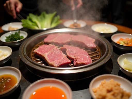 Korean BBQ experience in Seoul with tabletop grill surrounded by colorful banchan side dishes