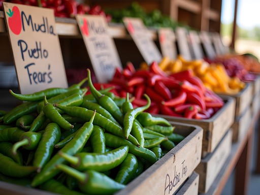 Colorful display of freshly harvested Pueblo chiles at a local farm stand