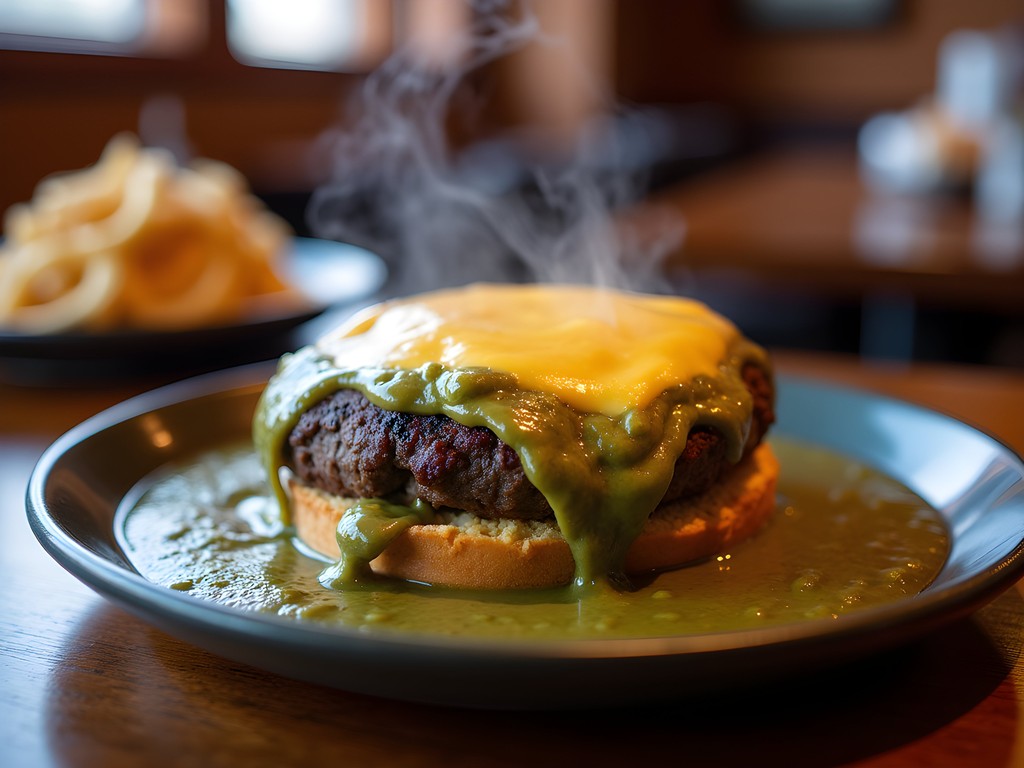 The famous Pueblo Slopper - open-faced cheeseburger smothered in green chile